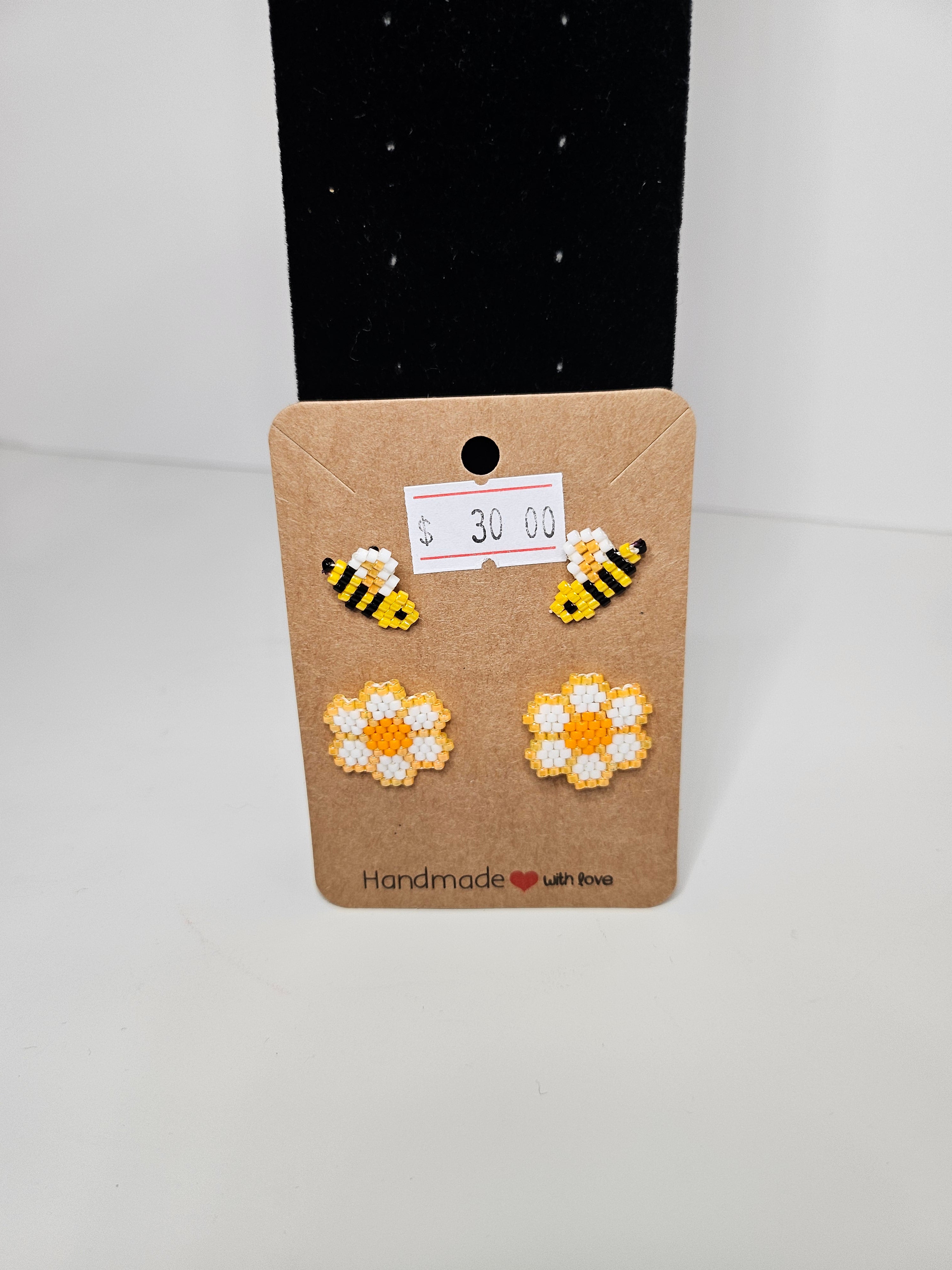 Handcrafted Beaded Bee & Flower Stud Earring Set (2 Pairs)