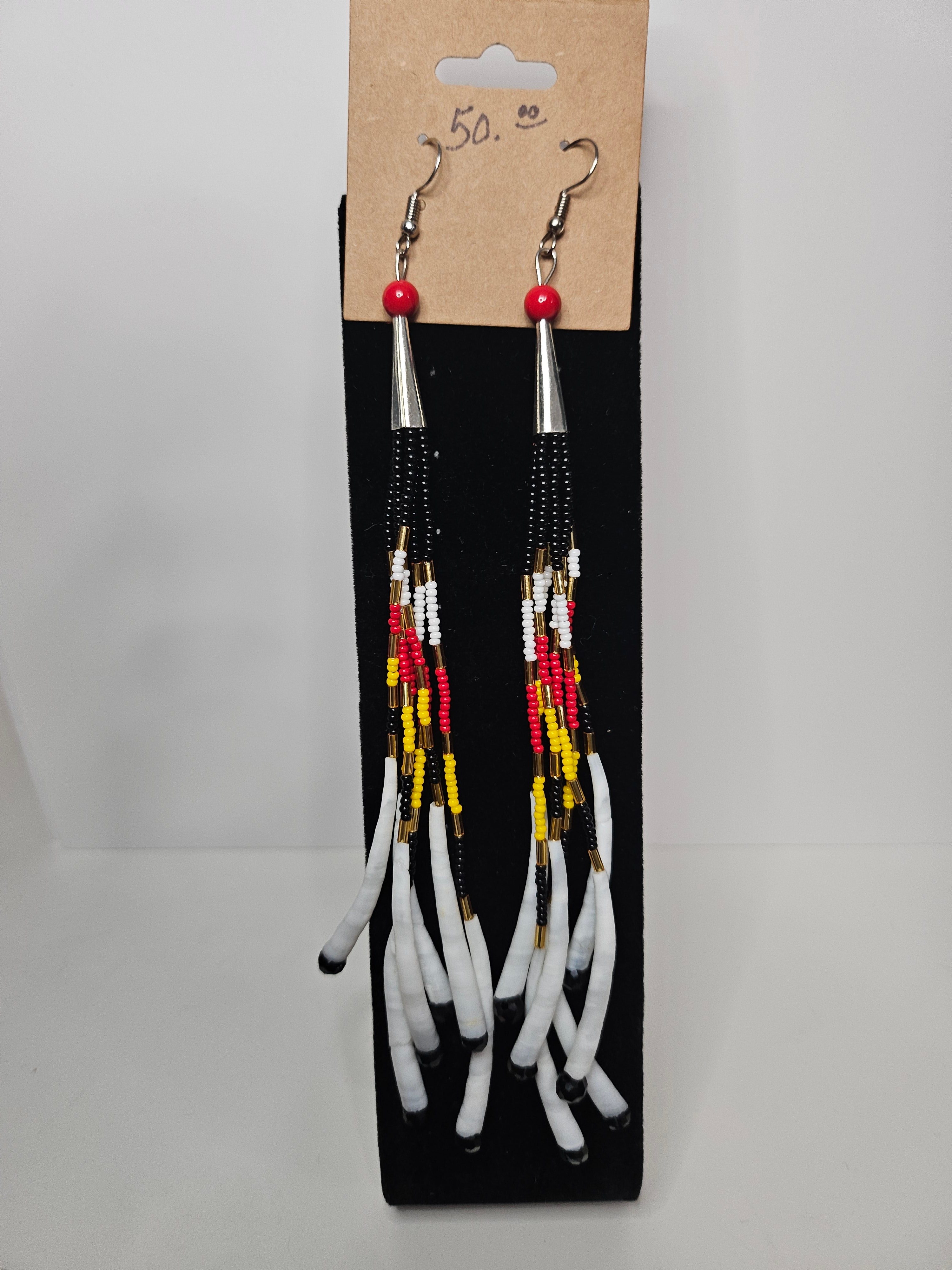 Dentalium Beaded Earrings - Black, Red, Yellow & White